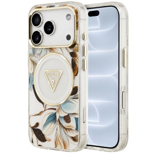 Husa pentru iPhone 18 Pro / iPhone 17 Pro - Guess IML Metal Glitter Flowers Triangle MagSafe - White