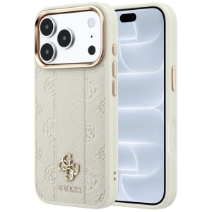 Husa pentru iPhone 18 Pro / iPhone 17 Pro - Guess Leather Stripe Peony 4G MagSafe (GUHMP18L6PGSU4EE) - Beige