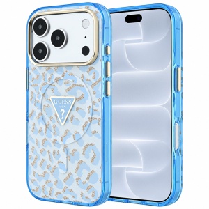 Husa pentru iPhone 18 Pro / iPhone 17 Pro - Guess Leopard Glitter Triangle Logo MagSafe (GUHMP18LHLEGTGLU) - Light Blue