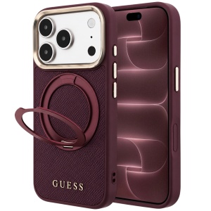 Husa pentru iPhone 18 Pro Max / iPhone 17 Pro Max - Guess Grained Leather Ring Stand 360 Classic MagSafe - Burgundy