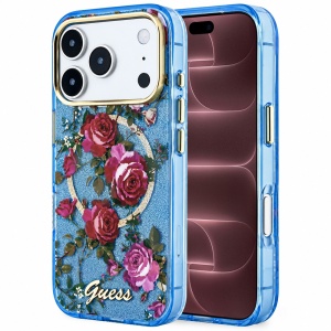 Husa pentru iPhone 18 Pro Max / iPhone 17 Pro Max - Guess IML Glitter Blossom Roses MagSafe - Light Blue