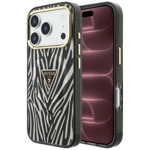 Husa pentru iPhone 18 Pro Max / iPhone 17 Pro Max - Guess Zebra Glitter Triangle Logo MagSafe - Black / Silver