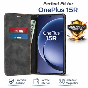 Husa pentru OnePlus 15R, SKYDDAR INNOVATION, Confy Cover tip Carte din piele Eco Premium, cu Portofel Interior, set cu sticker, Negru