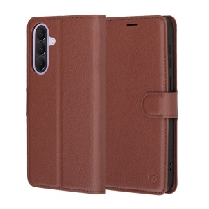 Husa pentru Samsung Galaxy A57 5G, SKYDDAR INNOVATION, Leather Folio tip Carte, cu Portofel Interior, Finisaje Premium, set cu sticker, Maro