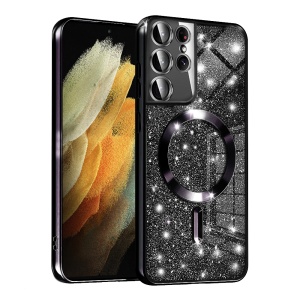 Husa pentru Samsung Galaxy S21 Ultra 5G, SKYDDAR INNOVATION, Luxury Glitter Magsafe, Antisoc, Fundal Detasabil 2-in-1, Margini Ridicate, set cu sticker, Negru