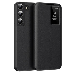 Husa pentru Samsung Galaxy S22 5G tip carte, Skyddar, cu portofel si SmartView, Premium, set cu sticker, Negru
