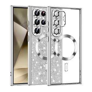 Husa pentru Samsung Galaxy S22 Ultra 5G, SKYDDAR INNOVATION, Luxury Glitter Magsafe, Antisoc, Fundal Detasabil 2-in-1, Margini Ridicate, set cu sticker, Argintiu