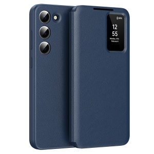 Husa pentru Samsung Galaxy S23 tip carte, Skyddar, cu portofel si SmartView, Premium, set cu sticker, Albastru