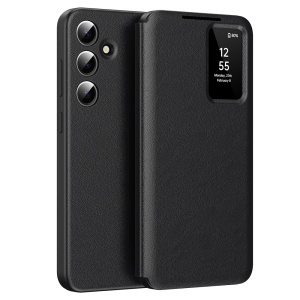 Husa pentru Samsung Galaxy S24 FE tip carte, Skyddar, cu portofel si SmartView, Premium, set cu sticker, Negru