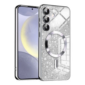Husa pentru Samsung Galaxy S24 Plus, SKYDDAR INNOVATION, Luxury Glitter Magsafe, Antisoc, Fundal Detasabil 2-in-1, Margini Ridicate, set cu sticker, Argintiu