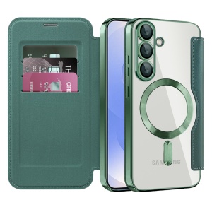 Husa pentru Samsung Galaxy S25 Plus tip carte, SKYDDAR INOVATION, SmartMag Book, Magsafe, RFiD, Suport Carduri, set cu sticker, Verde