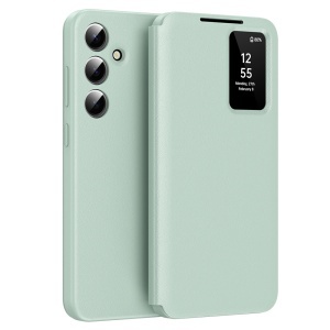 Husa pentru Samsung Galaxy S25 tip carte, Skyddar, cu portofel si SmartView, Premium, set cu sticker, Verde