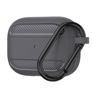 Husa Protectie pentru AirPods 3, din Fibra de Carbon Silicon, cu Breloc Carabina, Incarcare Wireless, EarSafe - Gri