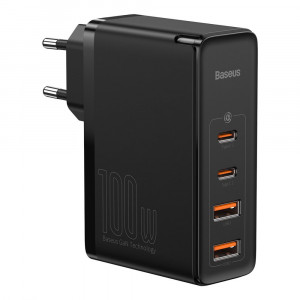 Incarcator 2x USB-C PD 100W, 2x USB-A QC3.0 with Cable Type-C to Type-C - Baseus (CCGAN2P-L01) - Black - Img 1