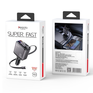 Incarcator auto, 117W, 2x Cablu retractabil, USB, Type-C, Led ambient, Yesido, Negru - Img 7