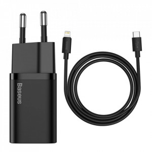 Incarcator priza Super Si cu cablu Type-C la Lightning, PD, 20W, Baseus (TZCCSUP-B01) - Negru - Img 1