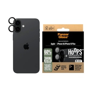 Protectie Camera pentru iPhone 16 / 16 Plus, Hoops PanzerGlass®, cu Separare Optica, Sticla Securizata, Anti-Zgarieturi si Anti-Reflexie, Negru