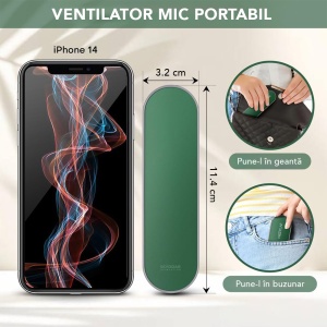 Ventilator Portabil Mini, de Poseta, de Birou, de Mana, Silentios, Pliabil, 1200mAh, SKDR NiniFan - Verde - Img 3