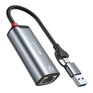 Adaptor Ethernet, USB 3.0 si USB Type-C la RJ45, Gigabit 1000Mbps, Aluminiu, Yesido, Gri