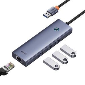 Hub USB Baseus, B0005280A813-01, UltraJoy Series, USB-A la 3x USB 3.0 + RJ45 LAN, Plug & Play, Gri Space