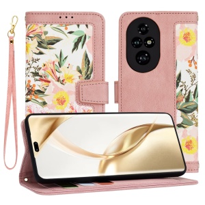Husa pentru Honor 200 Pro din Piele Ecologică cu Design Floral, Protecție 360°, Stand Integrat, Buzunare pentru Carduri, SKDR Floral Wallet - Roz