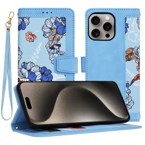 Husa pentru iPhone 15 Pro Max, SKYDDAR INNOVATION, Floral Wallet, din Piele Ecologică cu Design Floral, Protecție 360°, Stand Integrat, Buzunare pentru Carduri, Bleu, set cu sticker