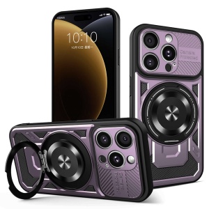 Husa pentru iPhone 15 Pro, SKYDDAR INNOVATION, RuggedCam, Inel magnetic antisoc, set cu sticker, Mov