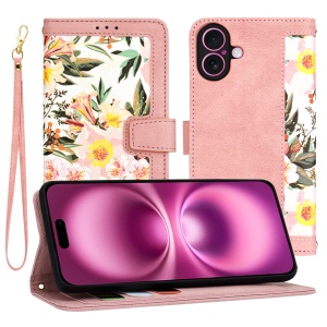 Husa pentru iPhone 16 Plus, SKYDDAR INNOVATION, Floral Wallet, din Piele Ecologică cu Design Floral, Protecție 360°, Stand Integrat, Buzunare pentru Carduri, Roz, set cu sticker