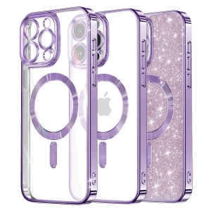 Husa pentru iPhone 16 Pro, SKYDDAR INNOVATION, Luxury Glitter Magsafe, Antisoc, Fundal Detasabil 2-in-1, Protectie Superioara, Margini Ridicate, Mov deschis, set cu sticker