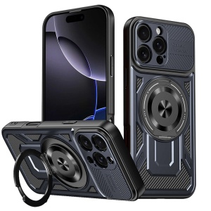 Husa pentru iPhone 16 Pro, SKYDDAR INNOVATION, RuggedCam, Inel magnetic antisoc, set cu sticker, Albastru