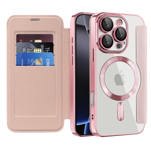 Husa pentru iPhone 16 Pro tip carte, SKYDDAR INOVATION, SmartMag Book, Magsafe, RFiD, Suport Carduri, set cu sticker, Roz