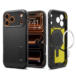 Husa pentru iPhone 17 Pro, Antisoc, Spigen Tough Armor T MagSafe, Negru