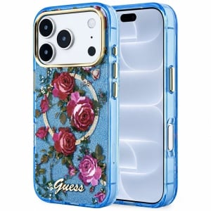 Husa pentru iPhone 18 Pro / iPhone 17 Pro - Guess IML Glitter Blossom Roses MagSafe (GUHMP18L6HTBGSLB) - Light Blue