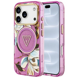 Husa pentru iPhone 18 Pro / iPhone 17 Pro - Guess IML Metal Glitter Flowers Triangle MagSafe - Purple