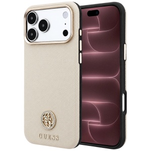 Husa pentru iPhone 18 Pro Max / iPhone 17 Pro Max - Guess Grained Leather Round Strass Logo MagSafe - Beige