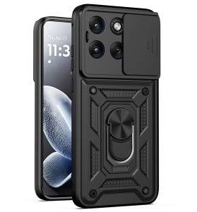 Husa pentru Motorola Edge 70 Fusion, protectie camere, Inel magnetic, set cu sticker, CamShield, Negru