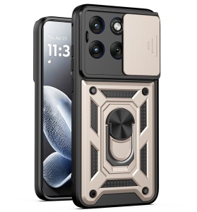 Husa pentru Motorola Edge 70 Fusion, protectie camere, Inel magnetic, set cu sticker, CamShield, Auriu
