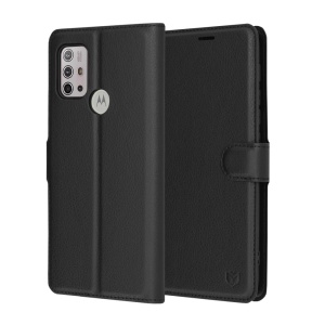 Husa pentru Motorola Moto G30 / Moto G10 / Moto G20, SKYDDAR INNOVATION, Leather Folio tip Carte, cu Portofel Interior, Finisaje Premium, set cu sticker, Negru