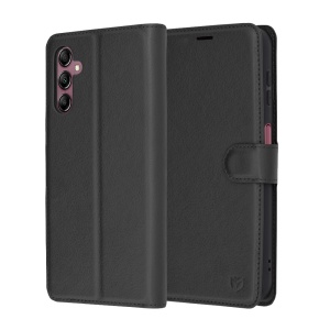 Husa pentru Samsung Galaxy A14 5G / Galaxy A14 4G, SKYDDAR INNOVATION, Leather Folio tip Carte, cu Portofel Interior, Finisaje Premium, set cu sticker, Negru