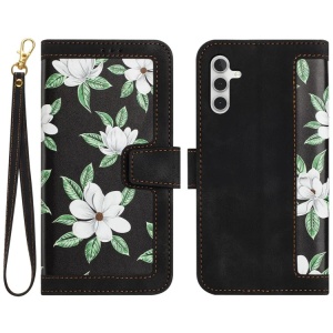 Husa pentru Samsung Galaxy A15 4G / Galaxy A15 5G din Piele Ecologică cu Design Floral, Protecție 360°, Stand Integrat, Buzunare pentru Carduri, SKDR Floral Wallet - Negru