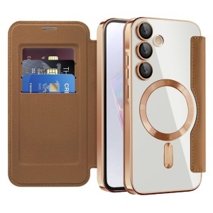 Husa pentru Samsung Galaxy A35 5G tip carte, SKYDDAR INOVATION, SmartMag Book, Magsafe, RFiD, Suport Carduri, set cu sticker, Maro
