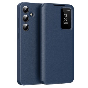 Husa pentru Samsung Galaxy A55 5G tip carte, Skyddar, cu portofel si SmartView, Premium, set cu sticker, Albastru