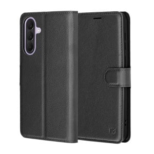 Husa pentru Samsung Galaxy A57 5G, SKYDDAR INNOVATION, Leather Folio tip Carte, cu Portofel Interior, Finisaje Premium, set cu sticker, Negru