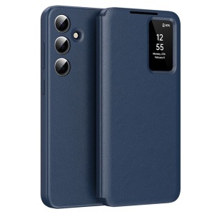 Husa pentru Samsung Galaxy S23 FE tip carte, Skyddar, cu portofel si SmartView, Premium, set cu sticker, Albastru