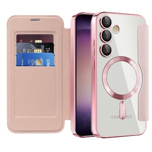 Husa pentru Samsung Galaxy S23 Plus tip carte, SKYDDAR INOVATION, SmartMag Book, Magsafe, RFiD, Suport Carduri, set cu sticker, Roz