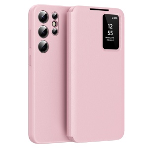 Husa pentru Samsung Galaxy S23 Ultra tip carte, Skyddar, cu portofel si SmartView, Premium, set cu sticker, Roz