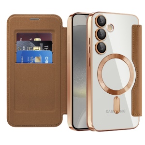 Husa pentru Samsung Galaxy S24 tip carte, SKYDDAR INOVATION, SmartMag Book, Magsafe, RFiD, Suport Carduri, set cu sticker, Maro