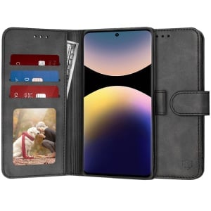 Husa pentru Xiaomi Redmi Note 14 Pro 4G / Poco F7, SKYDDAR INNOVATION, Diary Book, tip carte cu Portofel Interior, Protectie la socuri, Negru, set cu sticker