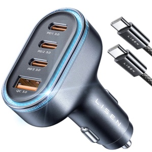 Incarcator Auto 101W Fast Charge 3x USB-C + 1x USB-A cu Cablu Type-C, Compatibil 12-24V, Lisen YL0223120021, Negru