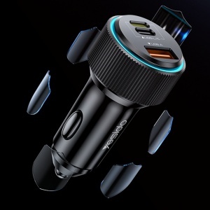 Incarcator auto, 3 porturi, 38W, PD, Cablu Type-C la Lightning, Yesido, Negru - Img 2